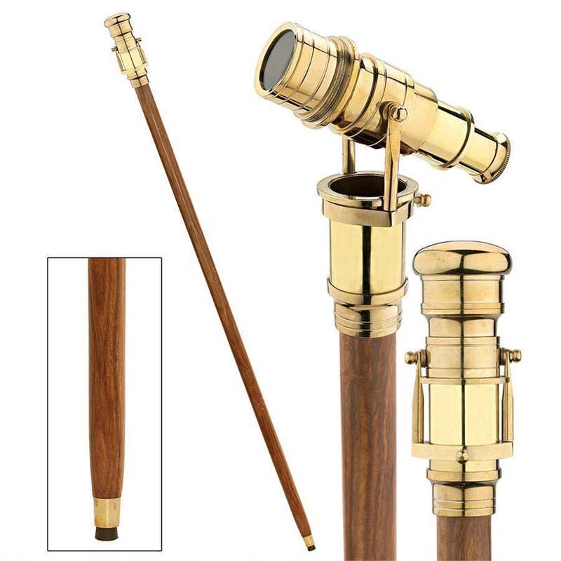 Brass Mechanical Telescope Handle Cane Wood Walking Stick - TOPHATTER'S ARMORY DEALS Collectible Weapons - Tophatter Daily Deals