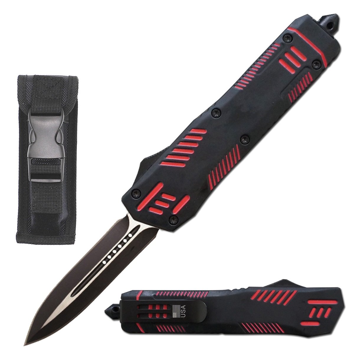 9" Automatic Dual Action Red Pitbull OTF Dagger Blade Knife Collectible Weapons - Tophatter Daily Deals