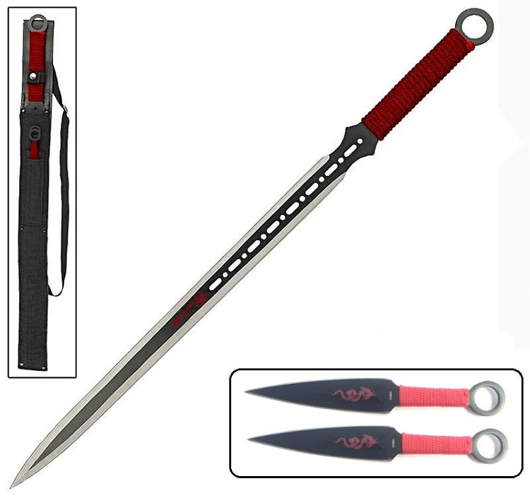 Red Dragon Full Tang Ninja Sword With 2-Pc Kunai Throwing Knife Set - Tophatter's Guns'N'Weapons Store Collectible Weapons - Tophatter Daily Deals