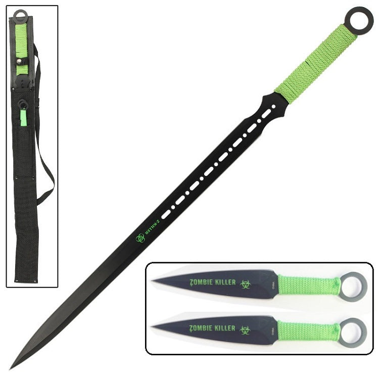 Zombie Killer Full Tang Ninja Sword With 2-Pc Kunai Throwing Knife Set - TOPHATTER'S ARMORY DEALS Collectible Weapons - Tophatter Daily Deals