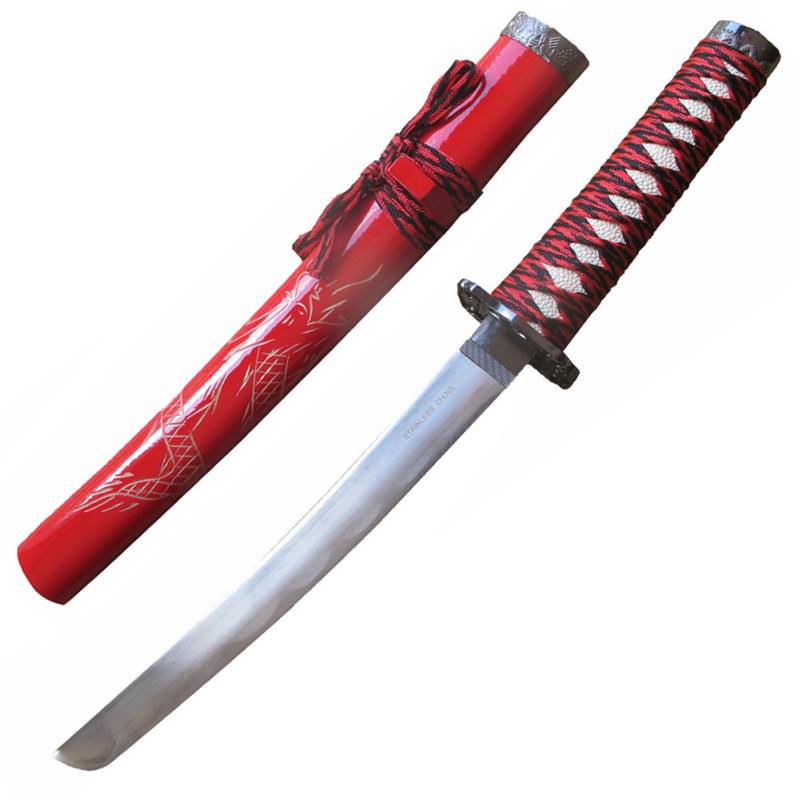 Red Samurai Carved Dragon Tanto Blade Sword With Scabbard Collectible Weapons - Tophatter Daily Deals