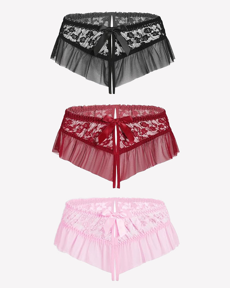 Floral Lace Briefs with Cute Bow Wine Red+Black+Pink Lingeries-panties - Tophatter Daily Deals