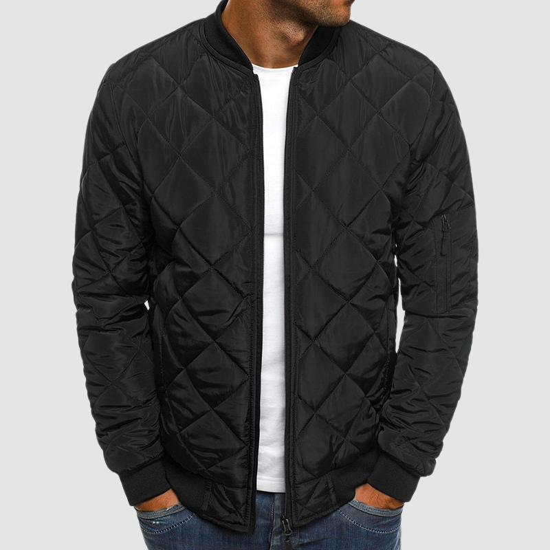 Lightweight Men's Quilted Jacket - Bomber, Ribbed Collar Black - Tophatter Daily Deals