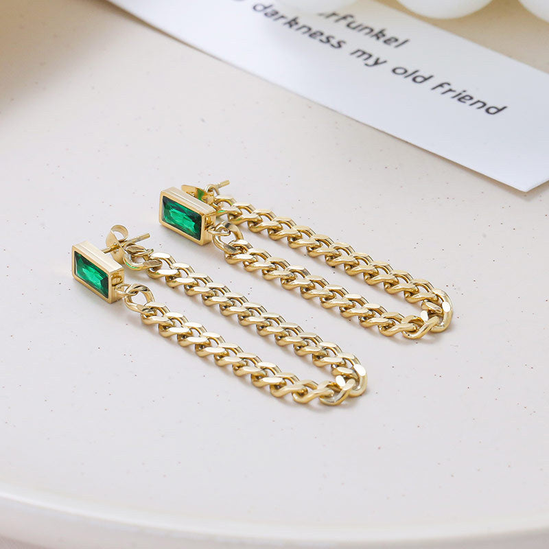 Dangle Chain Earrings with Cubic Zirconia Emerald and Gift Pouch Earrings - Tophatter Daily Deals