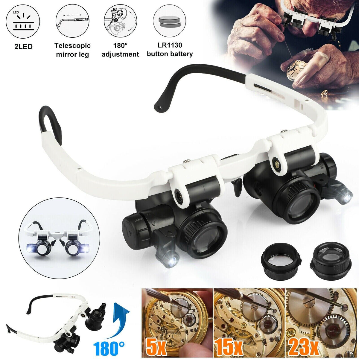 Headband Magnifier LED Jeweler Glasses With 8 Lenses - Tophatter Daily Deals
