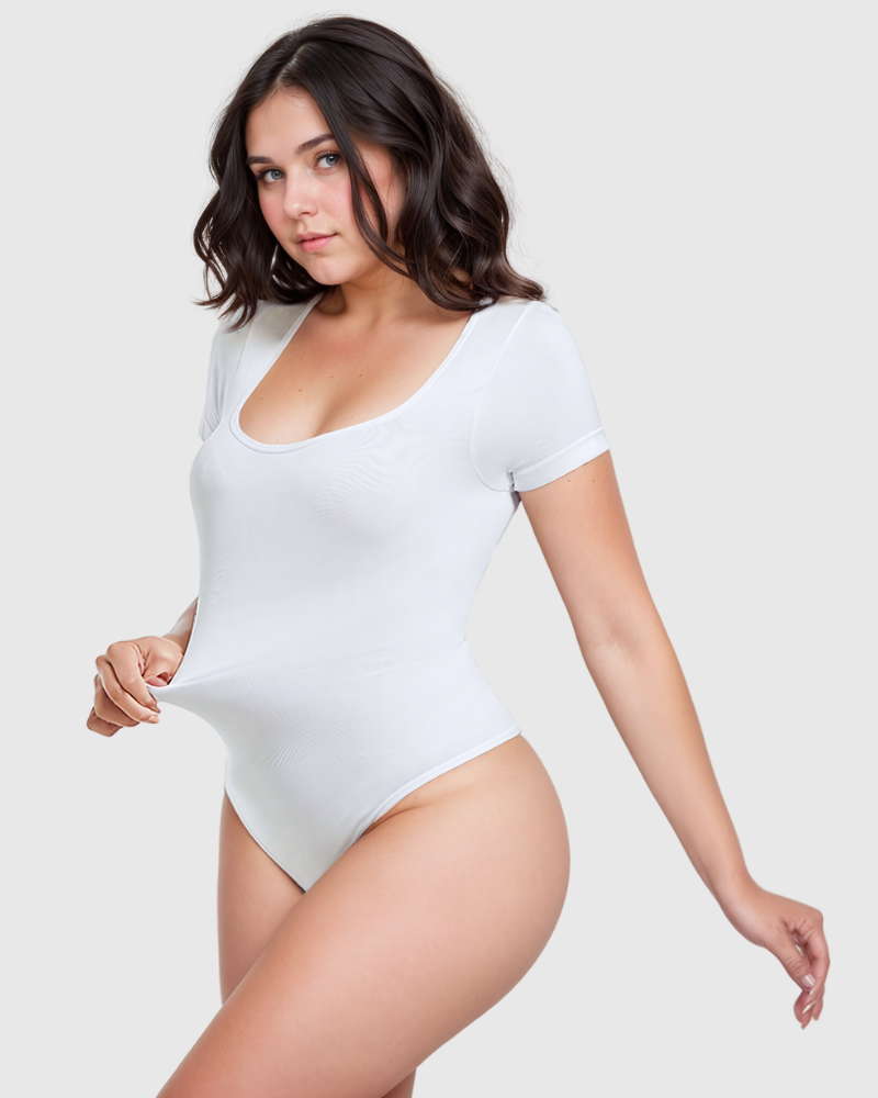 Revenge Body Short Sleeve Square Neck Thong Bodysuit White Bodysuit - Tophatter Daily Deals