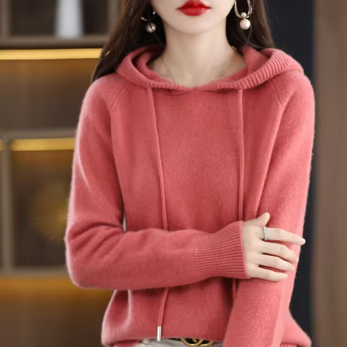 Warm Cozy Womens Knit Hoodie - Relaxed Fit, Soft Knit Pink - Tophatter Daily Deals