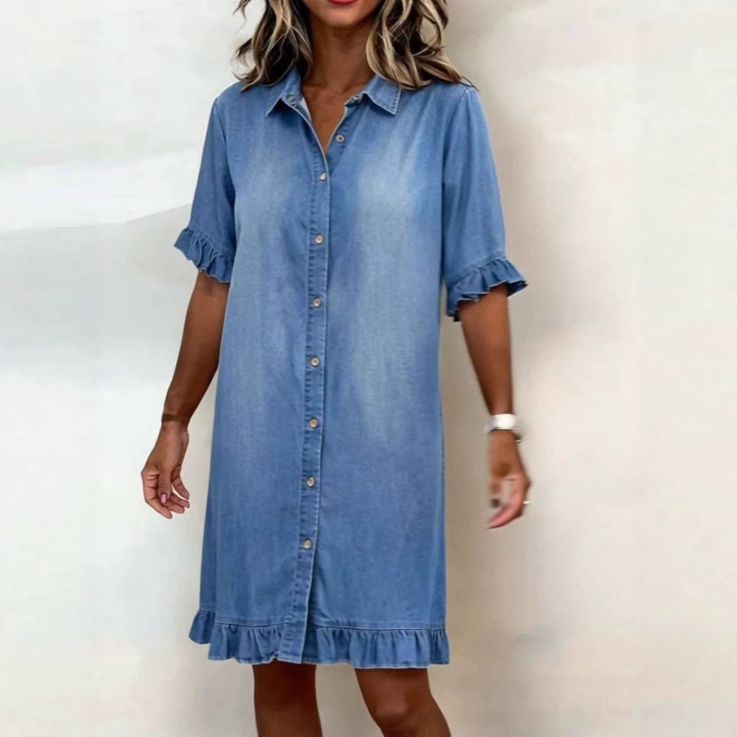 Women's Faux Denim Ruffle-Sleeve Shirt Dress Women's Dresses - Tophatter Daily Deals