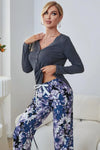 V-Neck Henley Top and Floral Pants Lounge Set Loungewear Sets - Tophatter Daily Deals