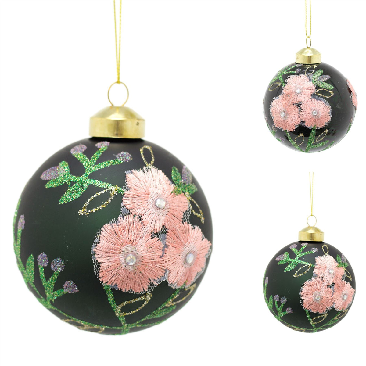 8cm Embroidered Floral Christmas Bauble | Green Glitter Christmas Ball Tree Decorations | Xmas Bauble Christmas Decor - Design Varies One Supplied Baubles - Tophatter Daily Deals
