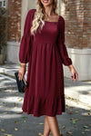 Square Neck Balloon Sleeve Midi Dress Wine Casual Dresses - Tophatter Daily Deals