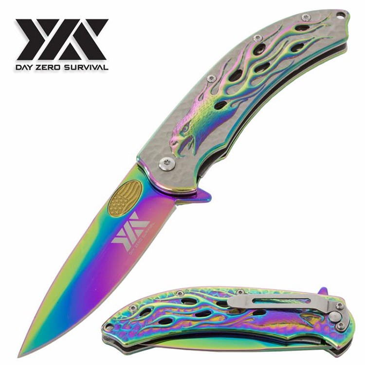 8.25" Rainbow Eagle Spring Assisted Open Folding Pocket Knife - Tophatter's Guns'N'Weapons Store Collectible Weapons - Tophatter Daily Deals