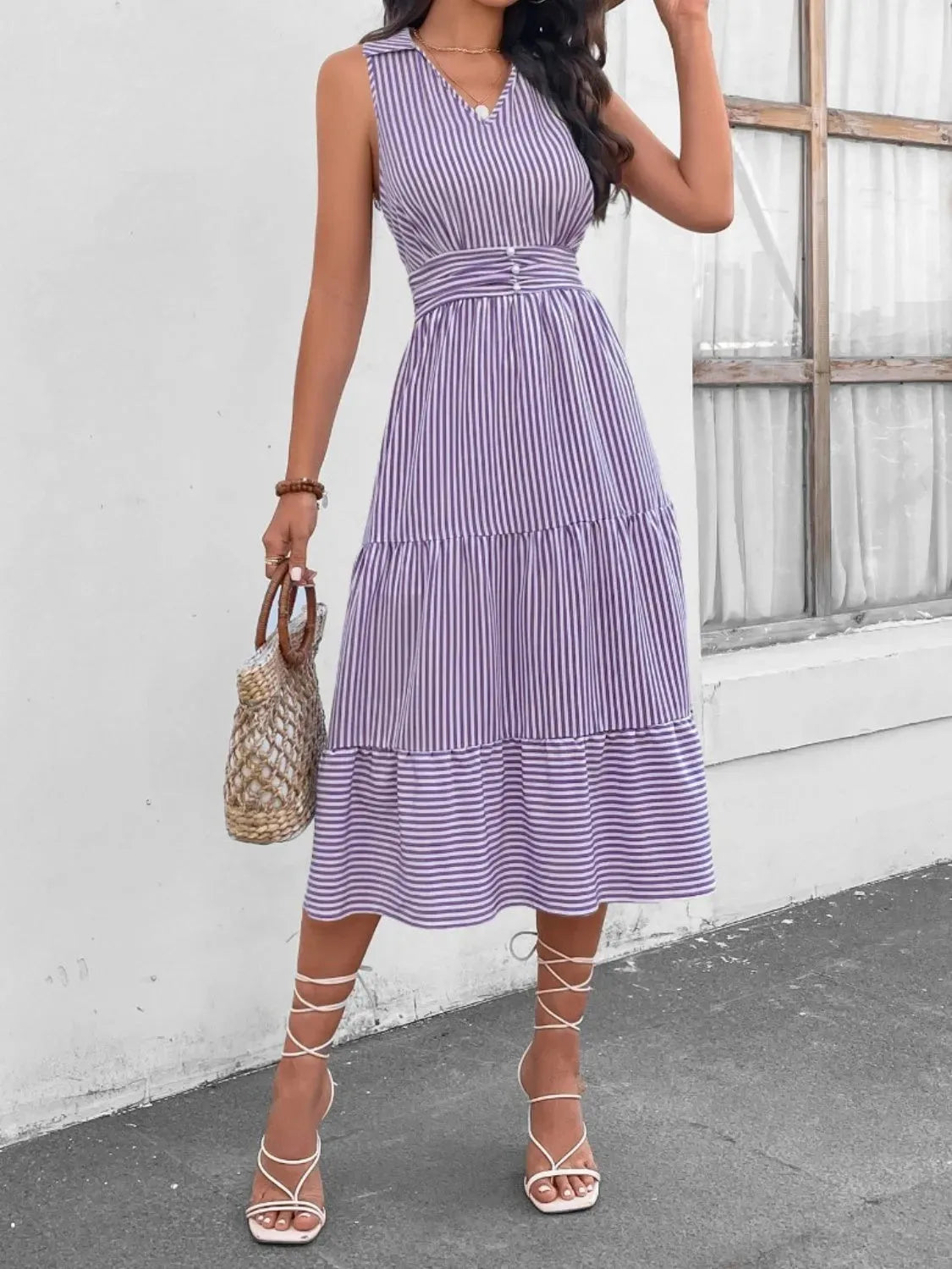 Striped Johnny Collar Sleeveless Midi Dress Lavender Casual Dresses - Tophatter Daily Deals