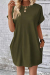 Pocketed Round Neck Short Sleeve Dress Army Green Casual Dresses - Tophatter Daily Deals