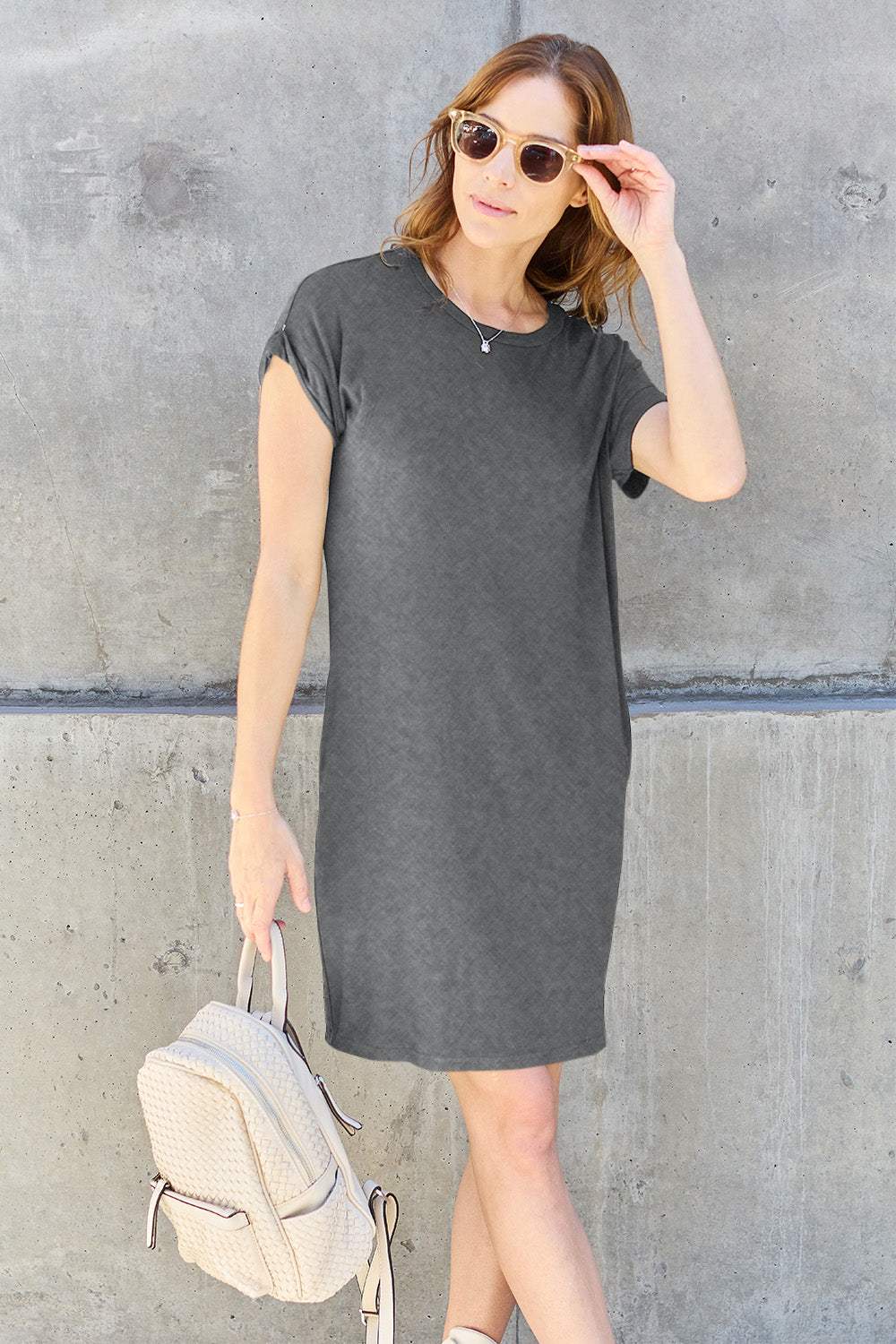 Basic Bae Full Size Round Neck Short Sleeve Dress with Pockets Gray Casual Dresses - Tophatter Daily Deals