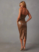 PU Slit Midi Dress Cocktail Dresses - Tophatter Daily Deals