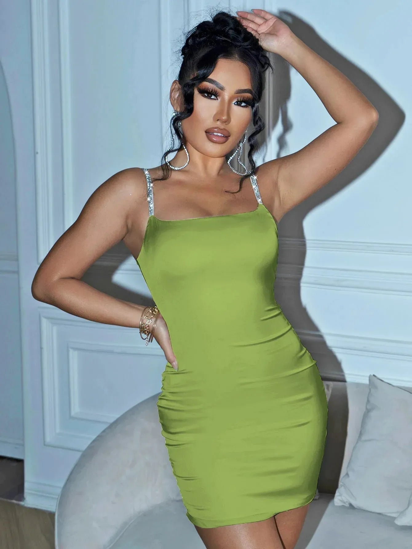 Rhinestone Spaghetti Strap Satin Bodycon Dress Green Cocktail Dresses - Tophatter Daily Deals