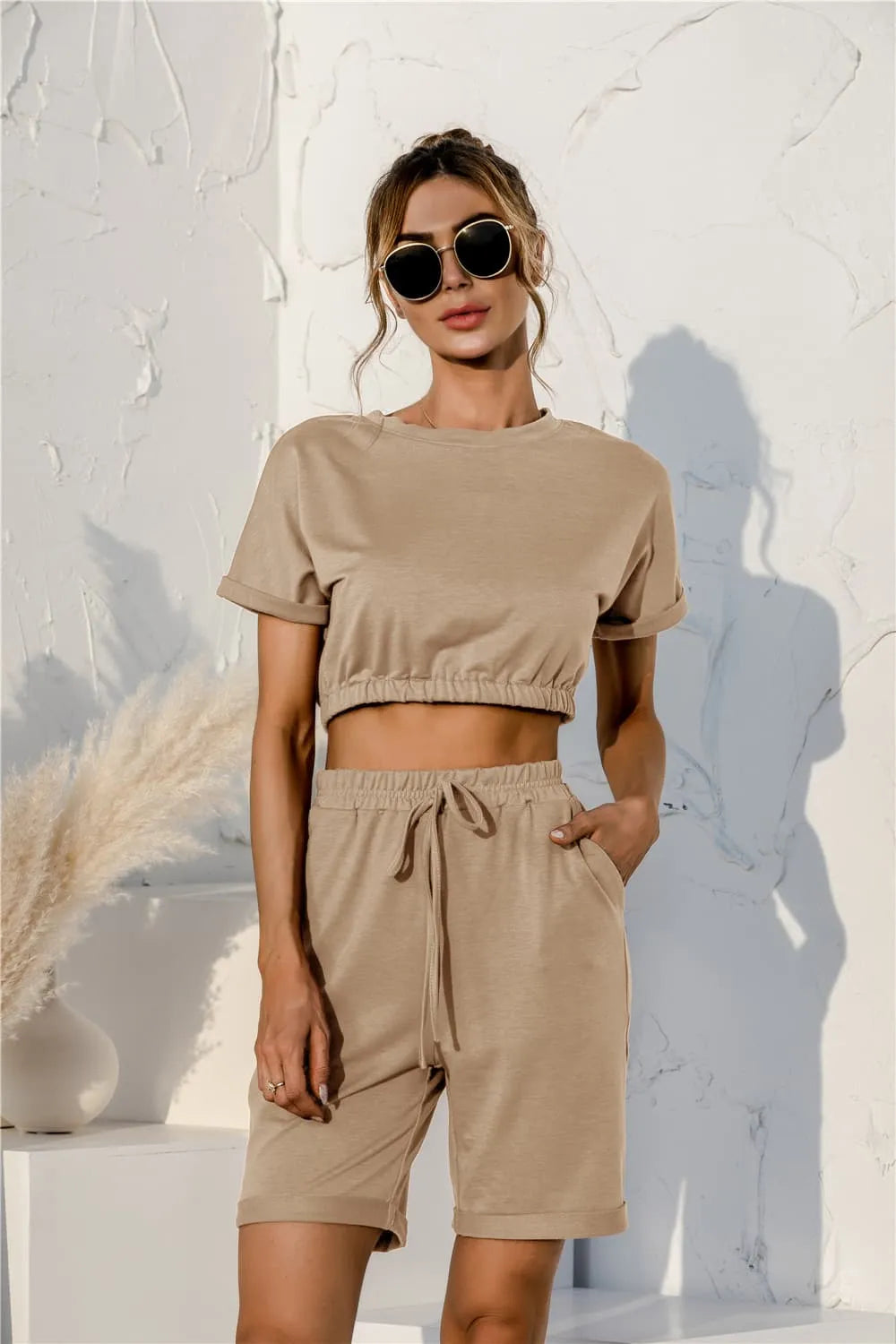 Short Sleeve Cropped Top and Drawstring Shorts Lounge Set Tan Loungewear Sets - Tophatter Daily Deals