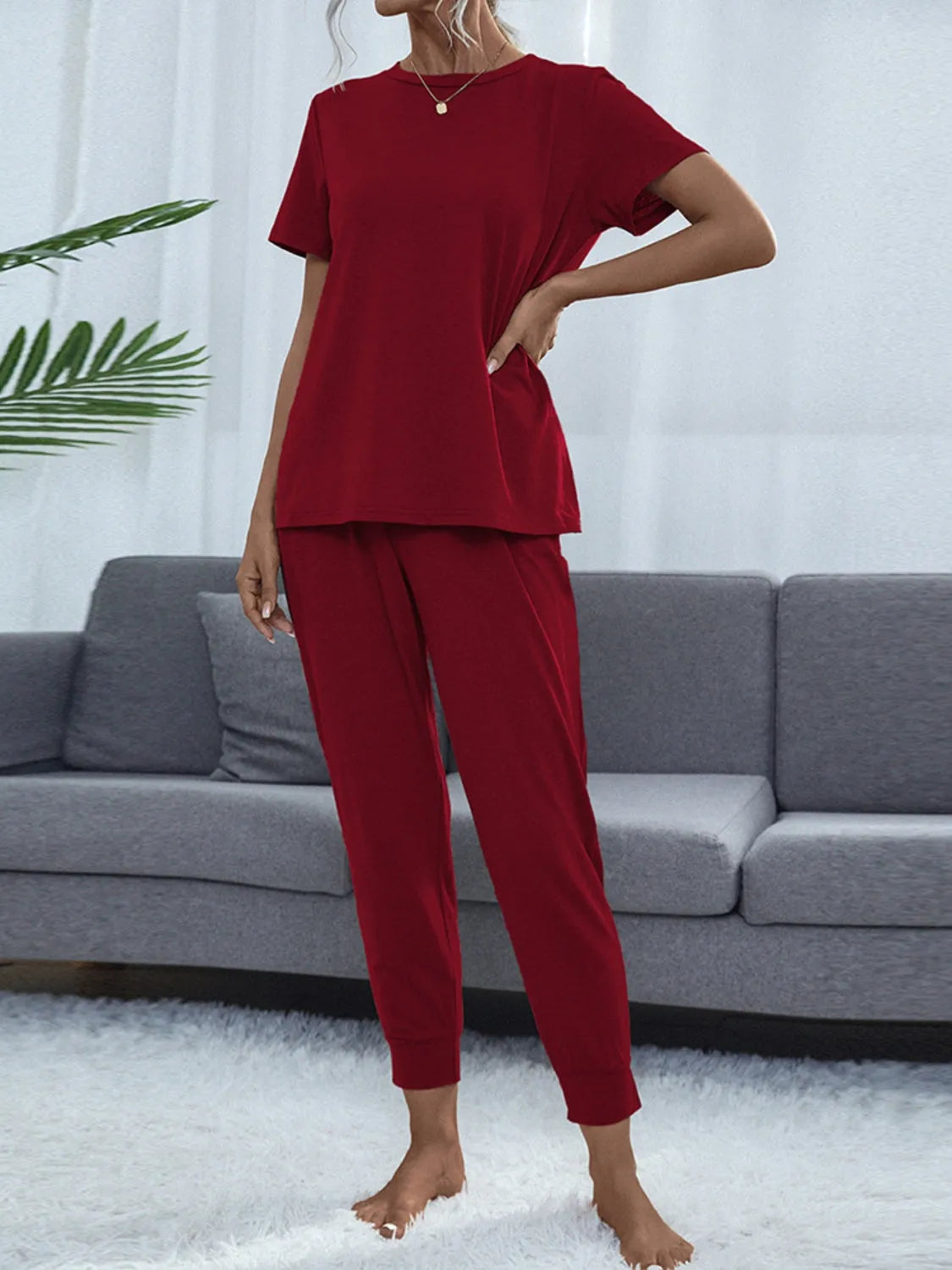 Round Neck Top and Pants Lounge Set Burgundy Loungewear Sets - Tophatter Daily Deals