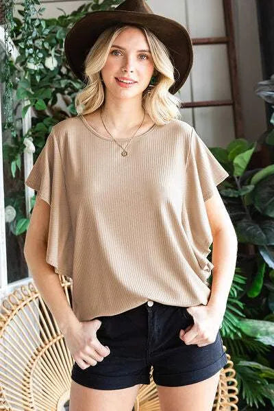 Round Neck Flutter Sleeve T-Shirt Sand Women's T-Shirts - Tophatter Daily Deals