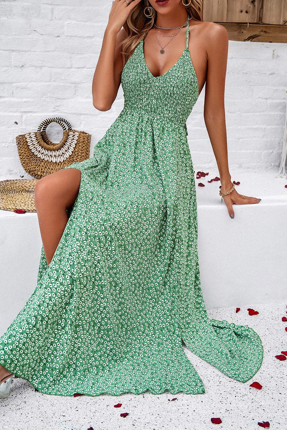 Smocked Slit Tied Printed Dress Casual Dresses - Tophatter Daily Deals