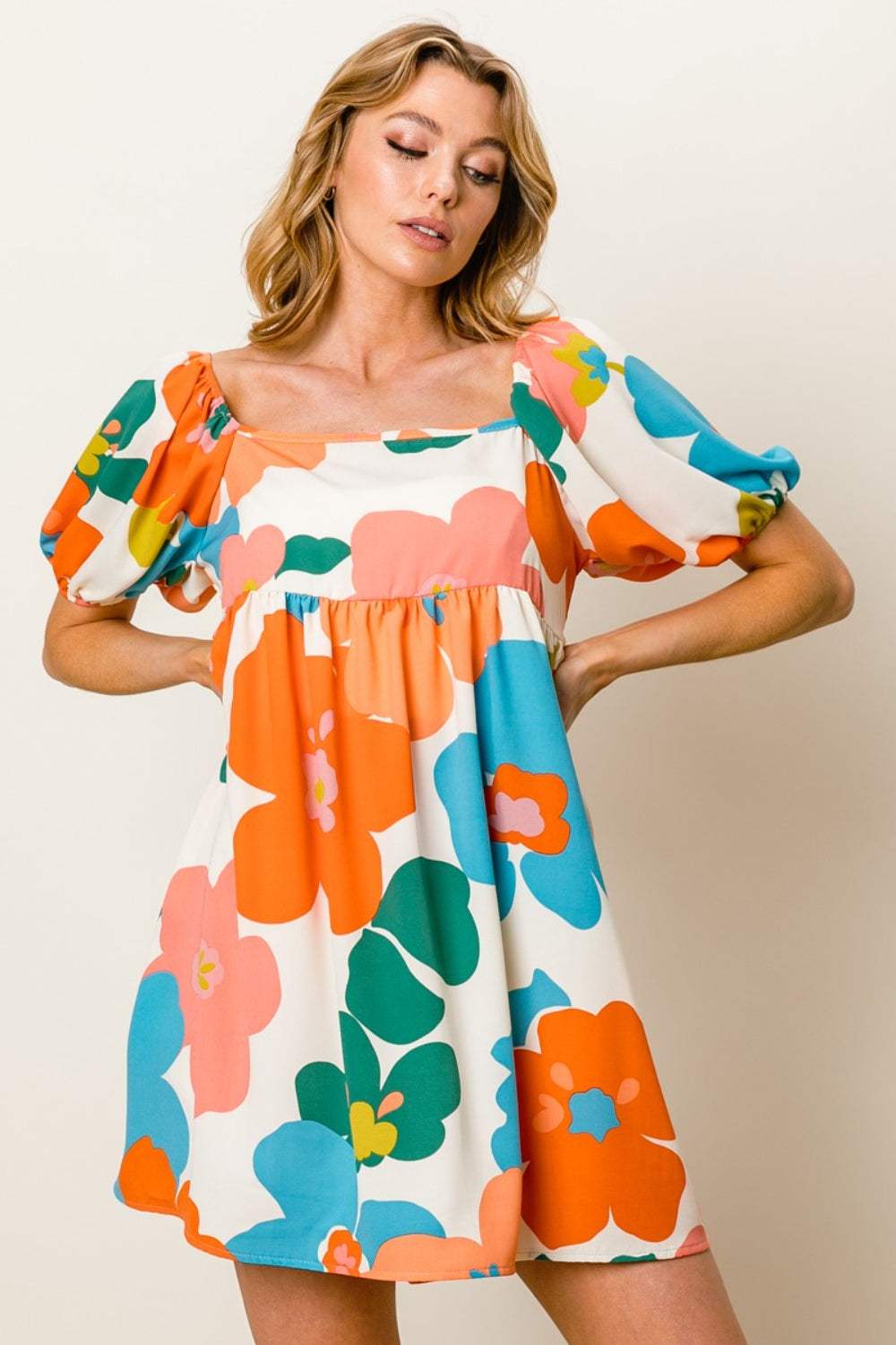 BiBi Floral Puff Sleeve Mini Dress Cream Orange Blue Casual Dresses - Tophatter Daily Deals