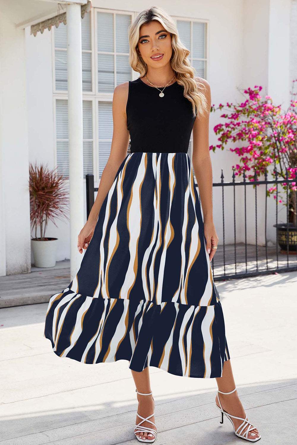 Striped Round Neck Sleeveless Midi Dress Casual Dresses - Tophatter Daily Deals