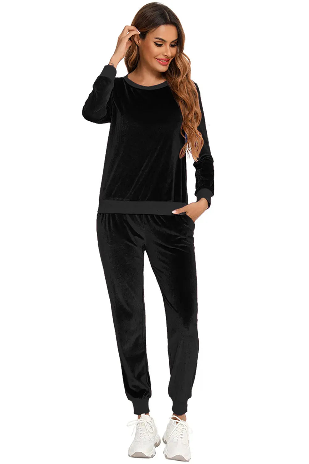 Round Neck Long Sleeve Loungewear Set with Pockets Loungewear Sets - Tophatter Daily Deals