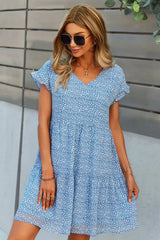 Printed V-Neck Short Sleeve Tiered Dress Pastel Blue Casual Dresses - Tophatter Daily Deals