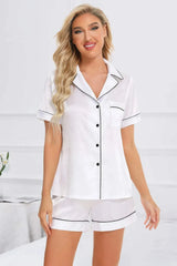 Printed Button Up Short Sleeve Top and Shorts Lounge Set White Loungewear Sets - Tophatter Daily Deals