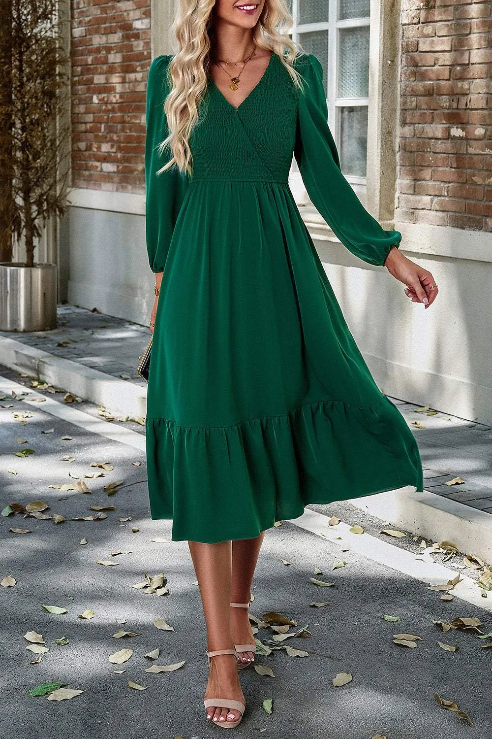 Smocked Surplice Long Sleeve Midi Dress Casual Dresses - Tophatter Daily Deals