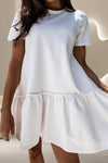 Ruffle Hem Round Neck Short Sleeve Mini Dress White Casual Dresses - Tophatter Daily Deals