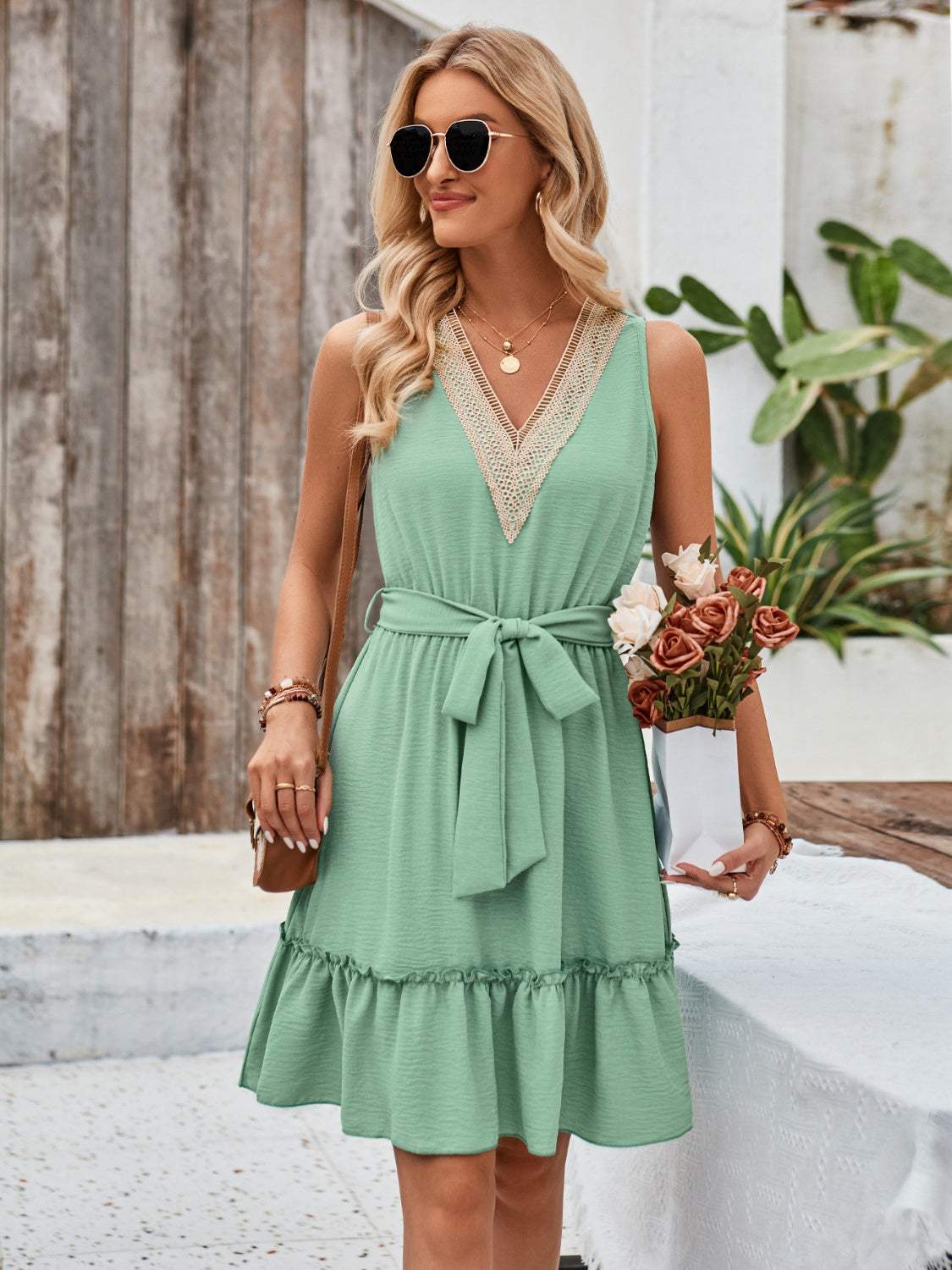 Tied Frill Sleeveless Mini Dress Gum Leaf Casual Dresses - Tophatter Daily Deals