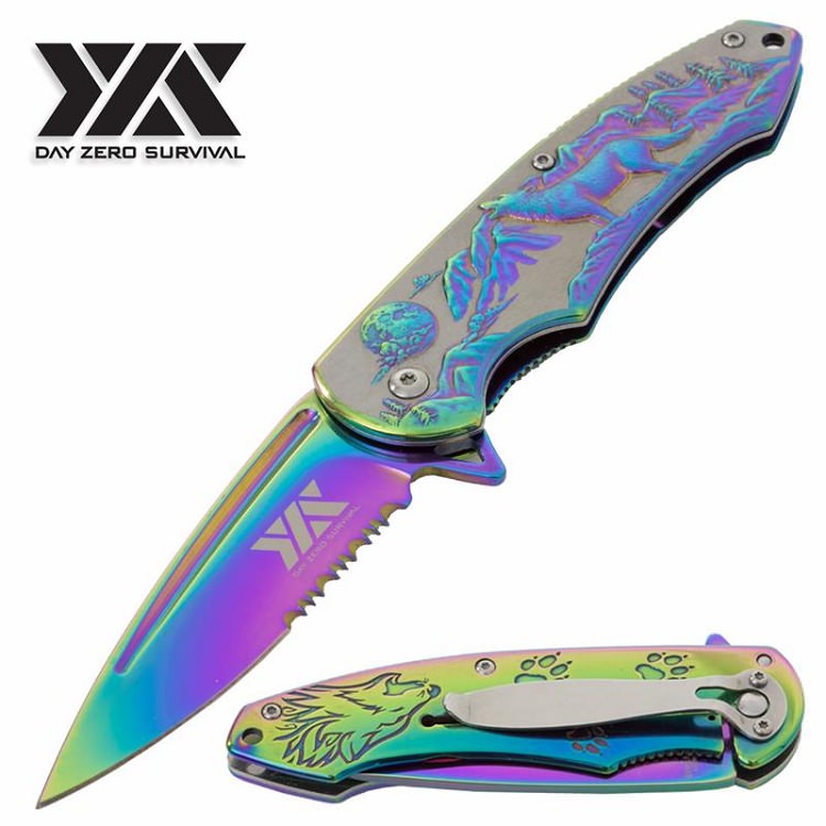 DZS Spring Assist Pocket Knife Howling Wolf Rainbow Blade Gift Collectible - TOPHATTER'S ARMORY DEALS Collectible Weapons - Tophatter Daily Deals