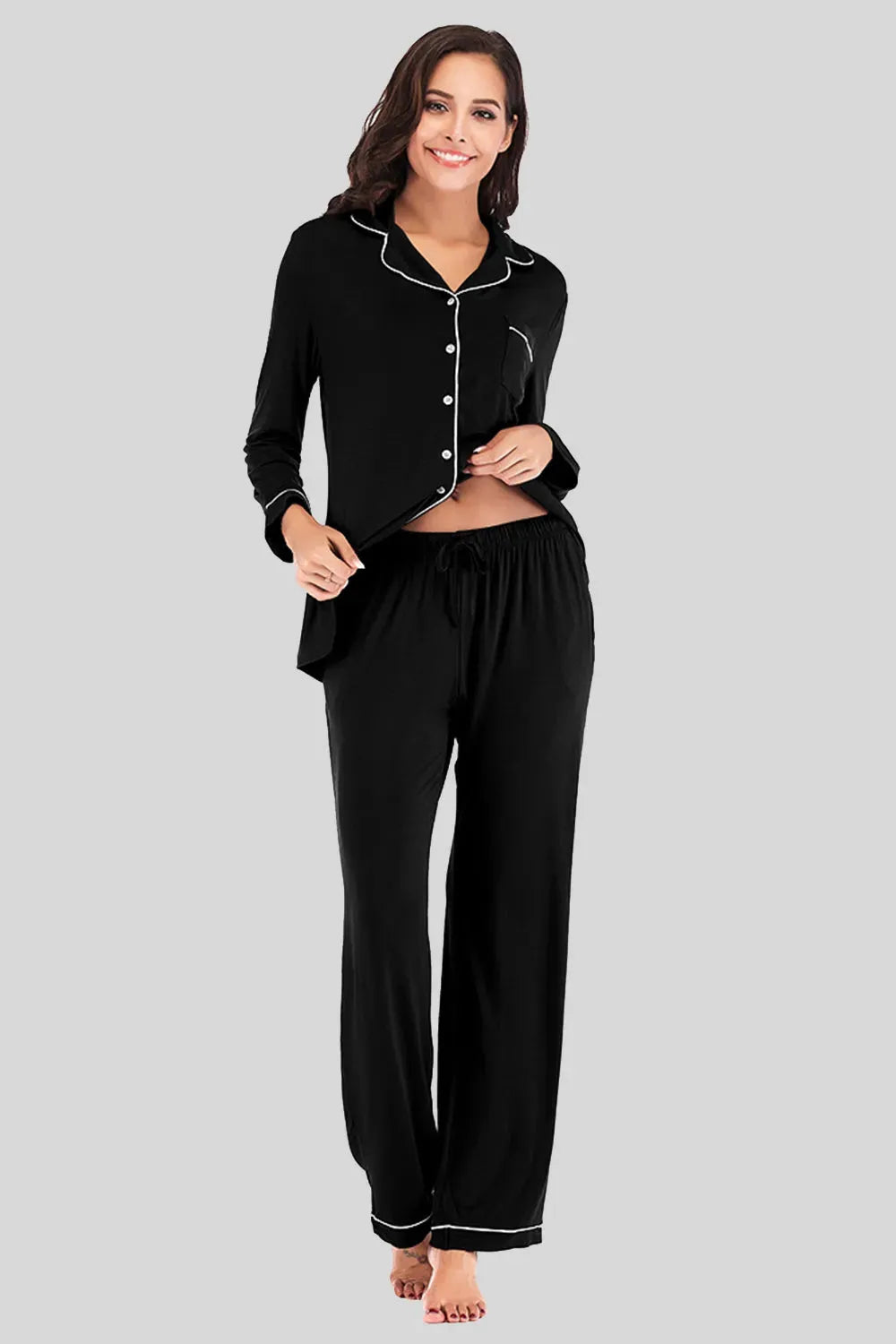 Collared Neck Long Sleeve Loungewear Set with Pockets Loungewear Sets - Tophatter Daily Deals