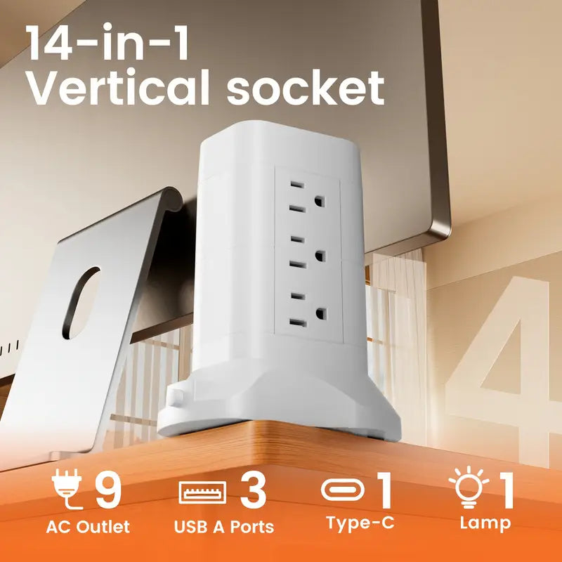 14-in-1 Power Strip Tower with 4 USB Ports & 9 AC Outlets, 10ft Extension Cable, Adjustable 3-Color Night Light Electronics - Tophatter Daily Deals