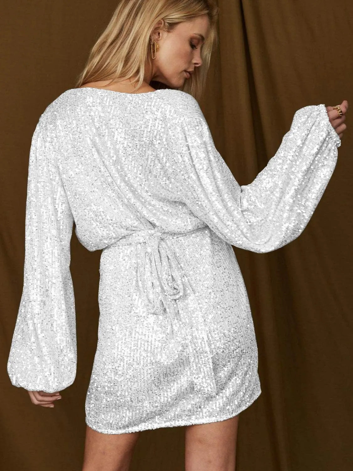 Tied Sequin Surplice Balloon Sleeve Dress Cocktail Dresses - Tophatter Daily Deals