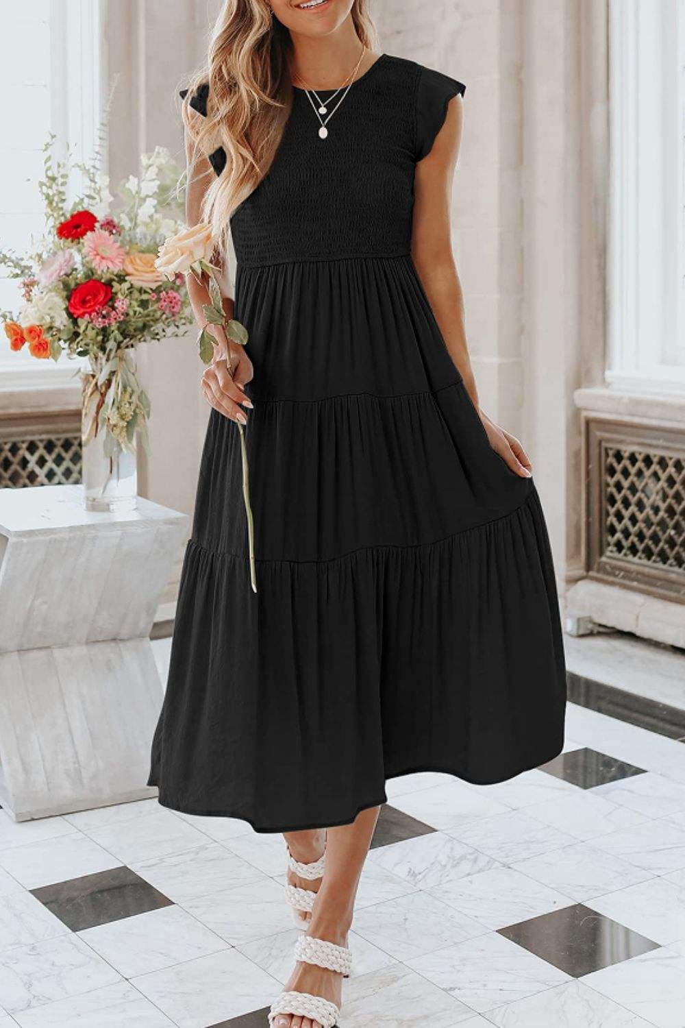 Round Neck Short Sleeve Tiered Midi Dress Casual Dresses - Tophatter Daily Deals