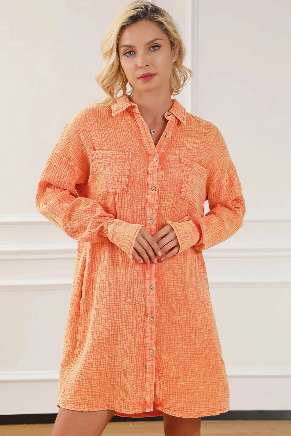 Button Up Collared Neck Dress Pumpkin Casual Dresses - Tophatter Daily Deals