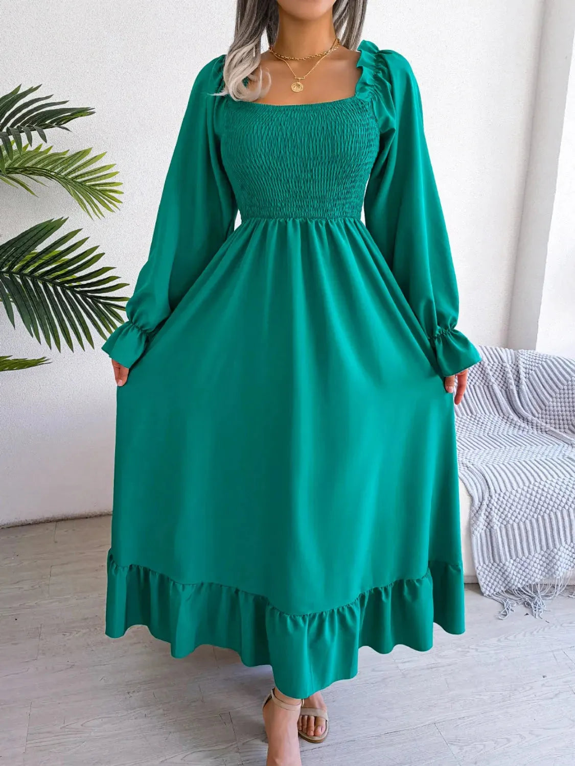Smocked Square Neck Flounce Sleeve Dress Casual Dresses - Tophatter Daily Deals