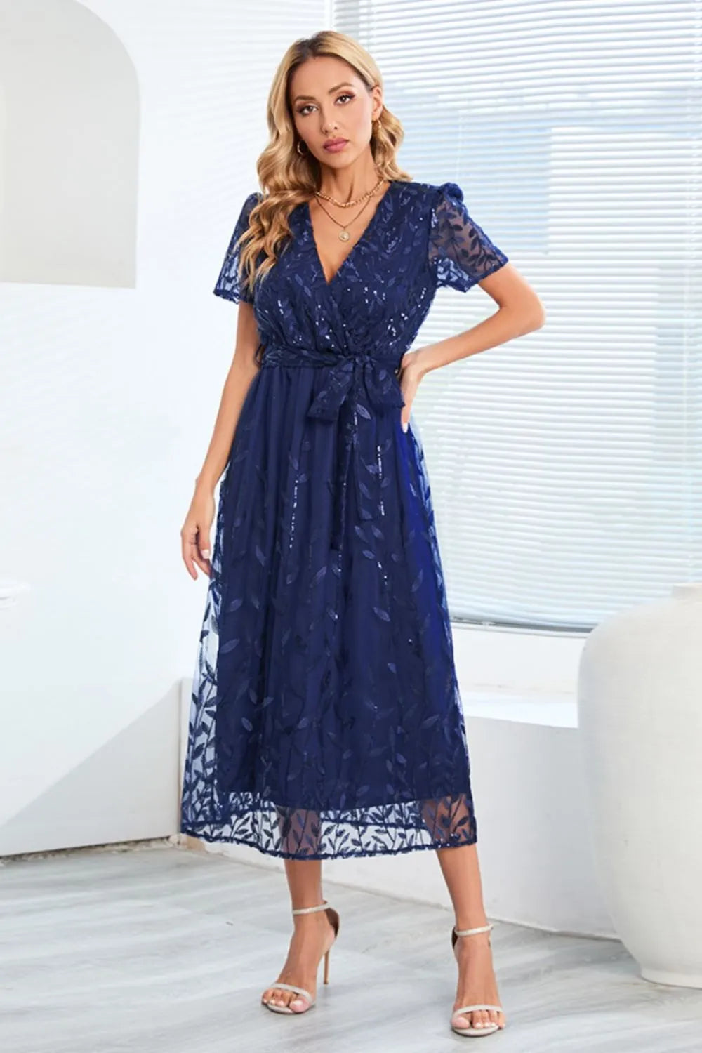 Sequin Leaf Embroidery Tie Front Short Sleeve Dress Cocktail Dresses - Tophatter Daily Deals