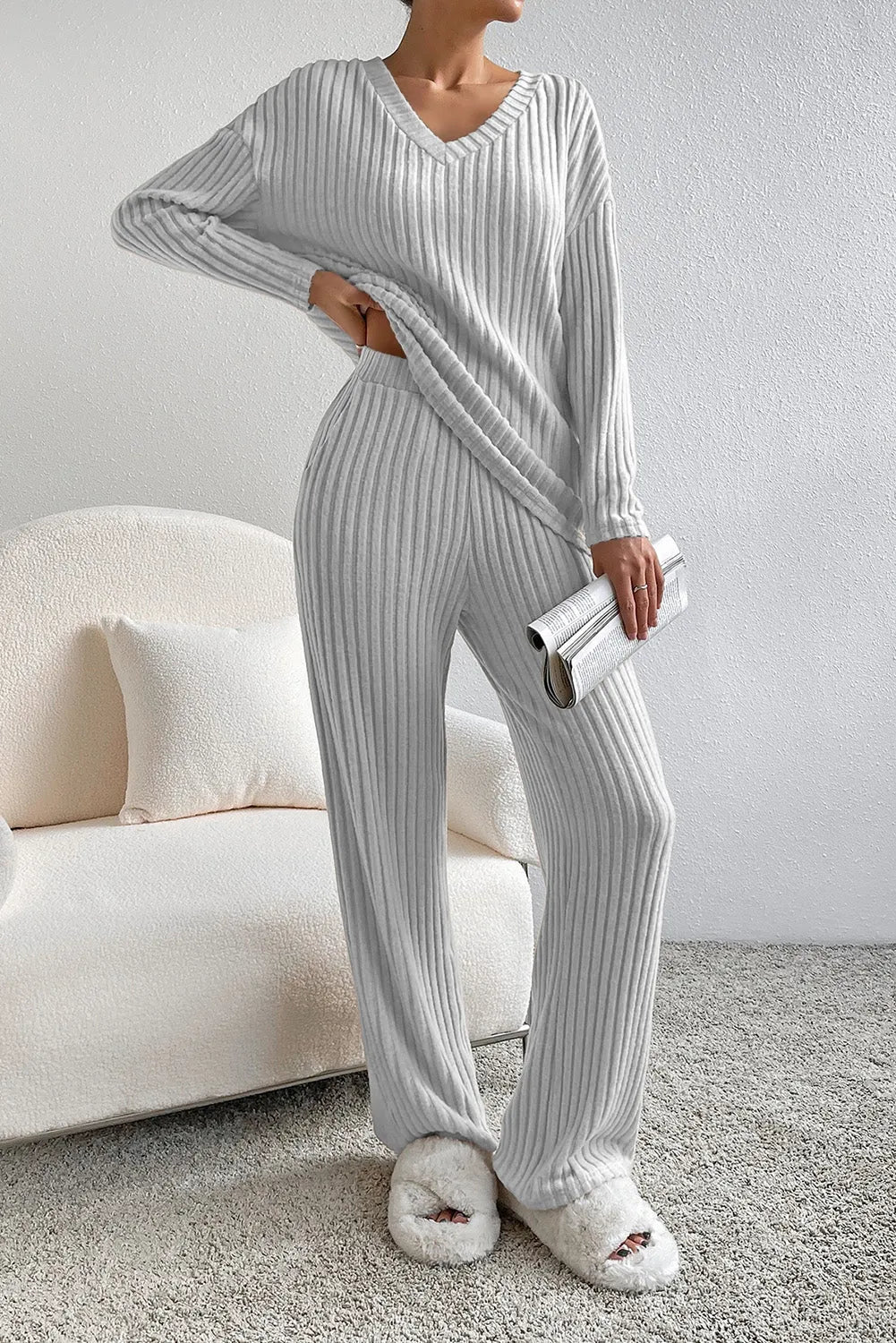 Light Grey Ribbed Knit V Neck Slouchy Two-piece Outfit Light Grey 85%Polyester+10%Viscose+5%Elastane Loungewear & Sleepwear/Loungewear - Tophatter Daily Deals