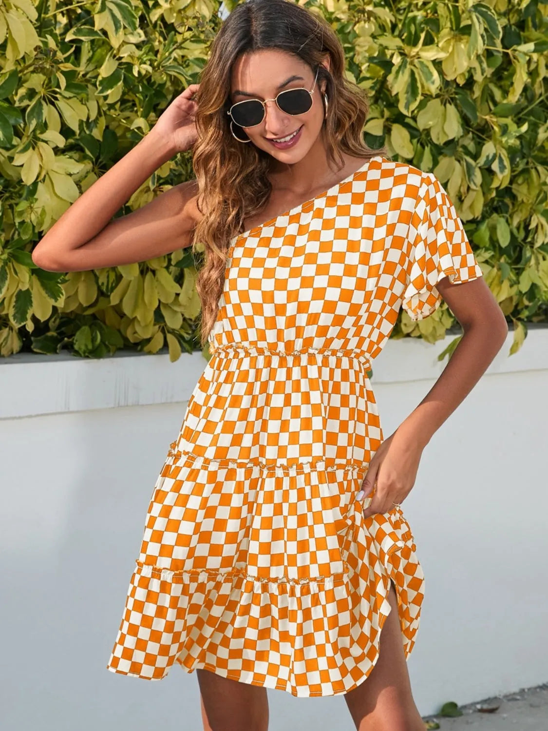 Checkered Single Shoulder Mini Dress Casual Dresses - Tophatter Daily Deals