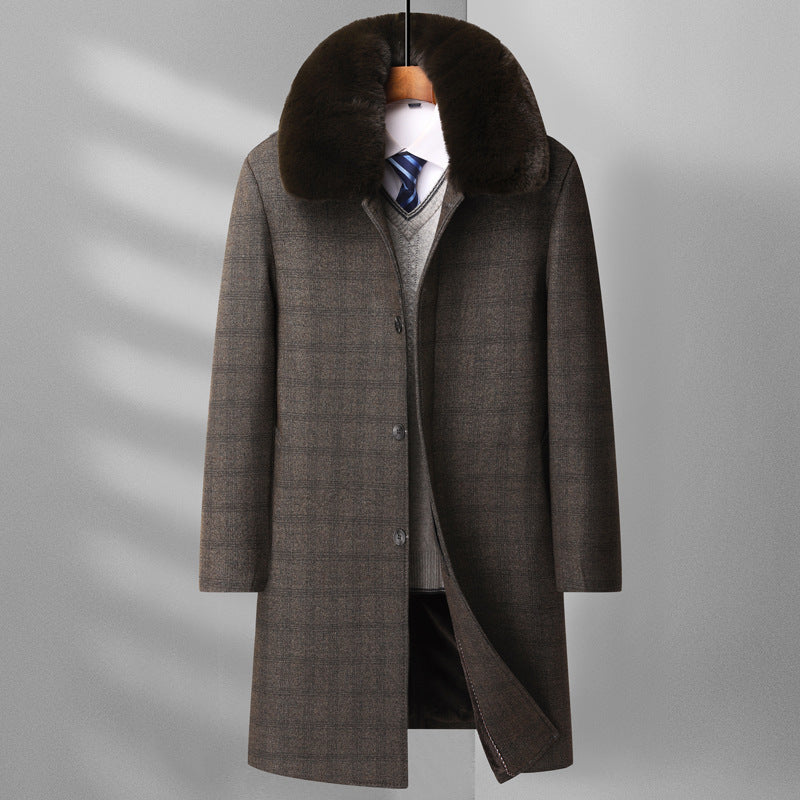 Warm Men's Wool Overcoat - Knee Length Plaid, Faux Fur Brown 3D Changing Face Moving Picture Frame - Tophatter Daily Deals