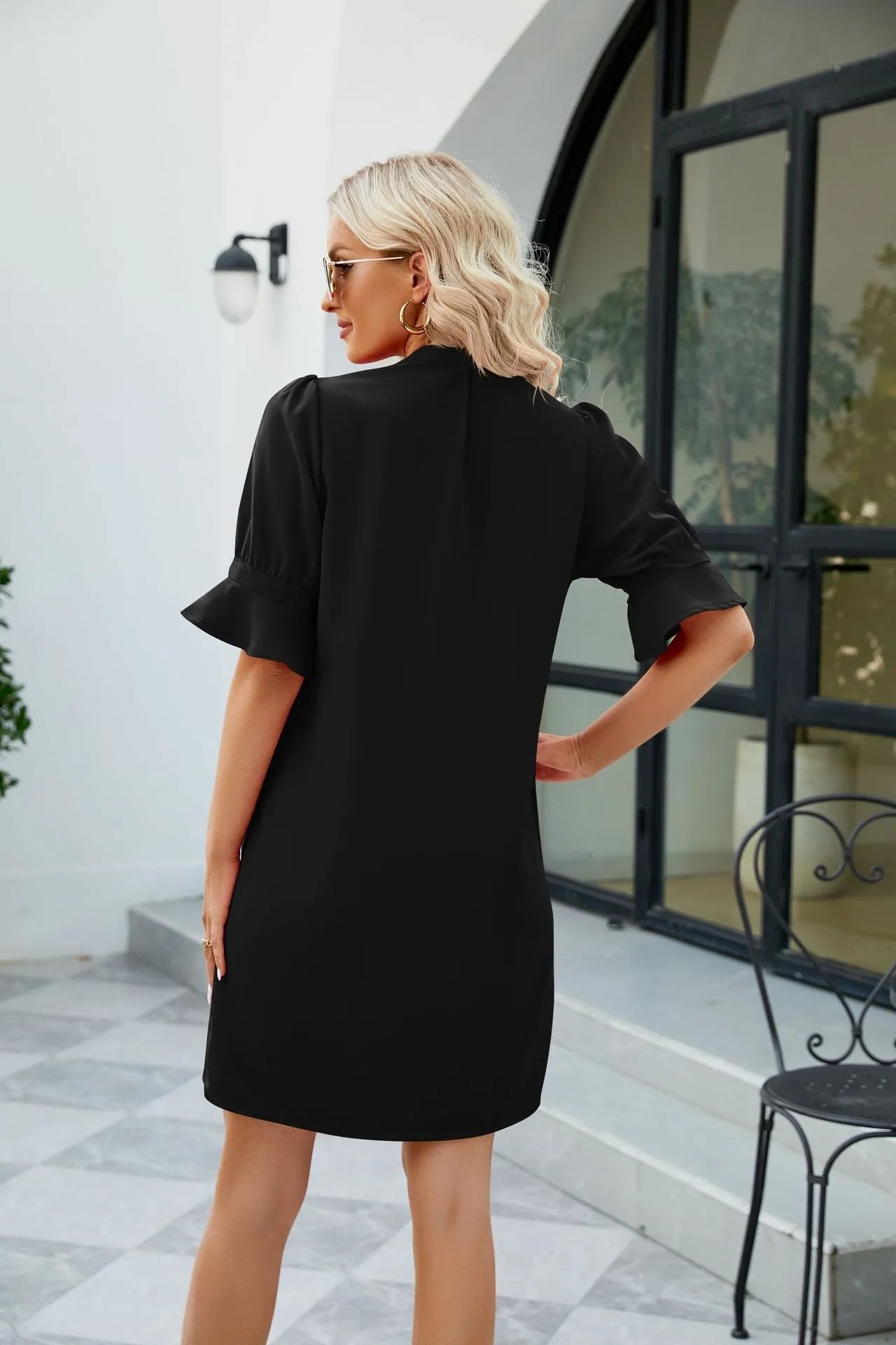 Notched Neck Flounce Sleeve Mini Dress Casual Dresses - Tophatter Daily Deals