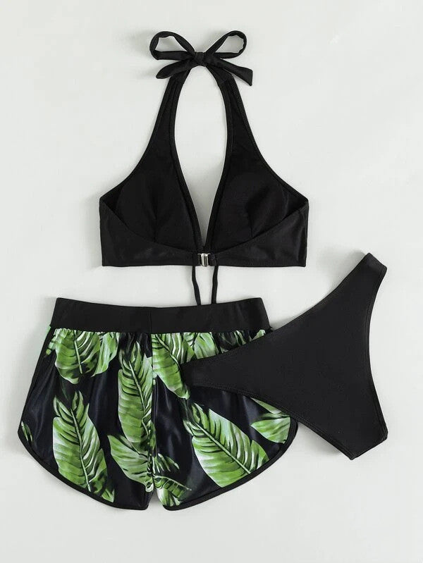 3pcs Leaf Print Bikini With Shorts Fashion Summer Beach Swimsuit Womens Clothing Pattern7 4 - Tophatter Daily Deals