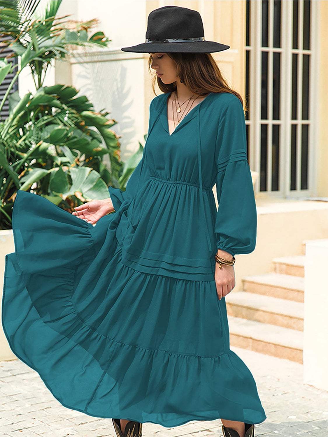 Tie Neck Long Sleeve Midi Tiered Dress Casual Dresses - Tophatter Daily Deals