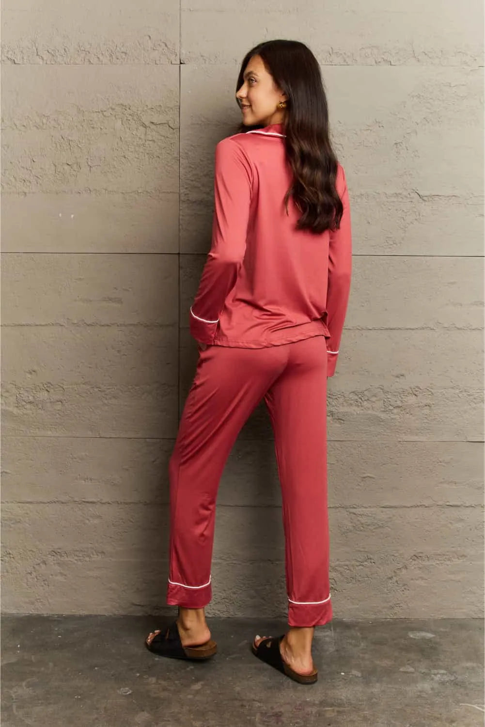 Ninexis Buttoned Collared Neck Top and Pants Pajama Set Loungewear Sets - Tophatter Daily Deals