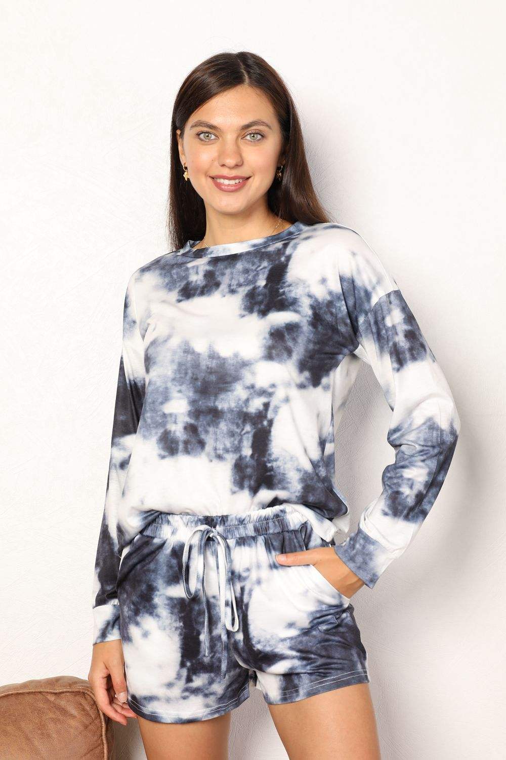 Tie-Dye Round Neck Top and Shorts Lounge Set Loungewear Sets - Tophatter Daily Deals