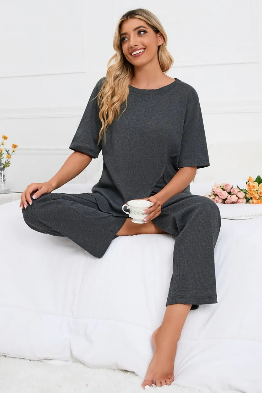 Slit Round Neck Top and Pants Lounge Set Loungewear Sets - Tophatter Daily Deals